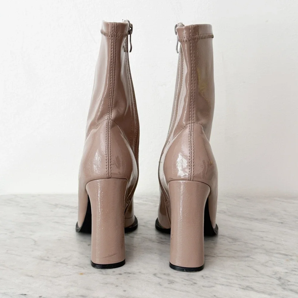Princess Polly Barcelona Square Toe Block Heel Nude Patent Sock Boots‎ Size 7
